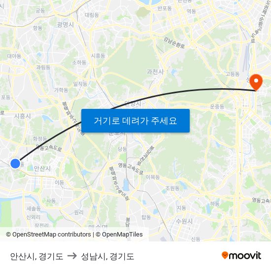 안산시, 경기도 to 성남시, 경기도 map