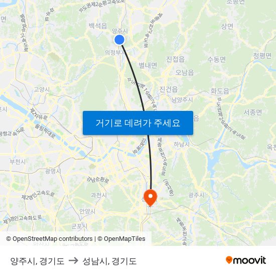 양주시, 경기도 to 성남시, 경기도 map