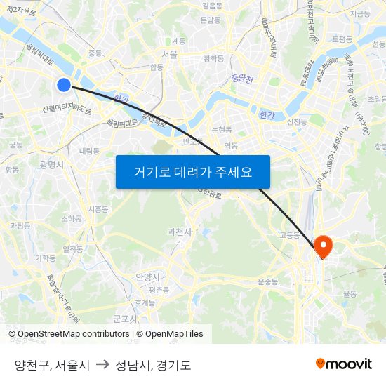 양천구, 서울시 to 성남시, 경기도 map