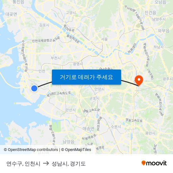 연수구, 인천시 to 성남시, 경기도 map