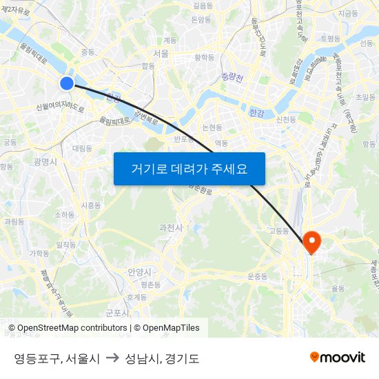 영등포구, 서울시 to 성남시, 경기도 map