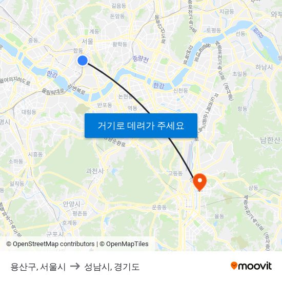 용산구, 서울시 to 성남시, 경기도 map