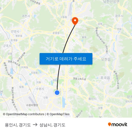 용인시, 경기도 to 성남시, 경기도 map