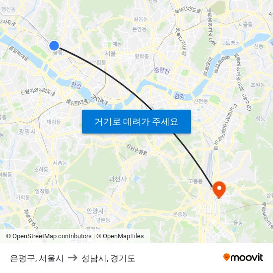 은평구, 서울시 to 성남시, 경기도 map