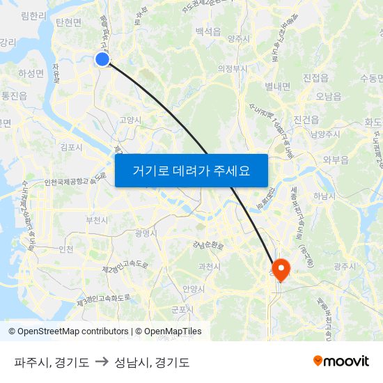 파주시, 경기도 to 성남시, 경기도 map