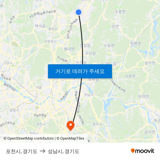 포천시, 경기도 to 성남시, 경기도 map