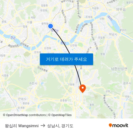 왕십리 Wangsimni to 성남시, 경기도 map