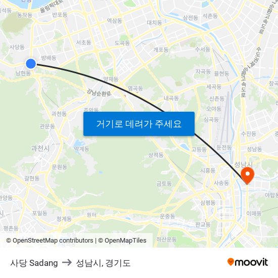 사당 Sadang to 성남시, 경기도 map