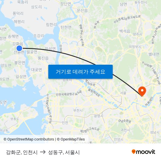 강화군, 인천시 to 성동구, 서울시 map