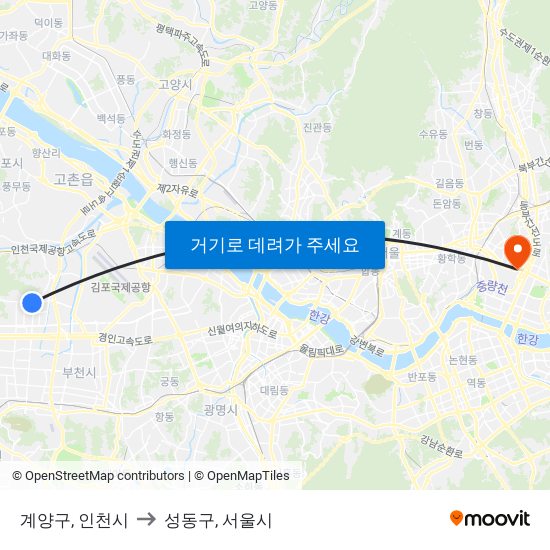 계양구, 인천시 to 성동구, 서울시 map