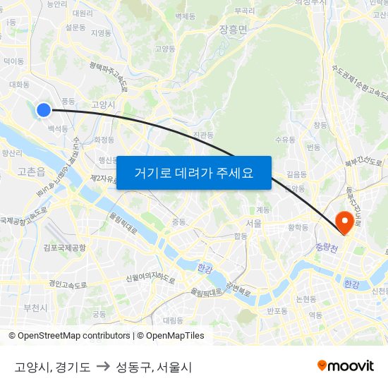 고양시, 경기도 to 성동구, 서울시 map