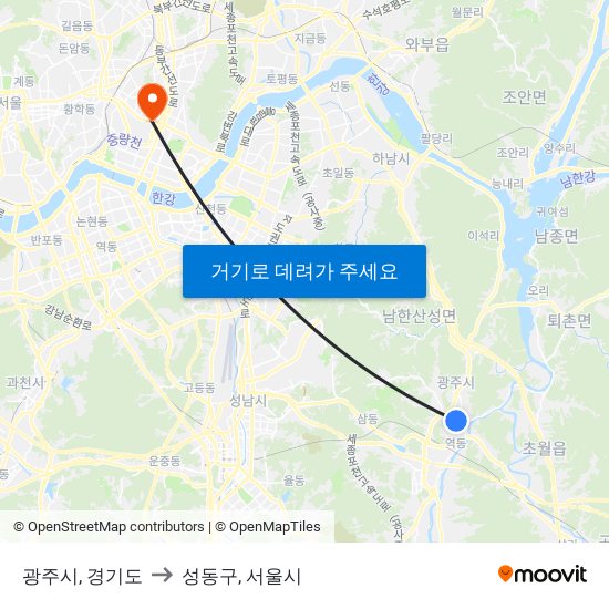 광주시, 경기도 to 성동구, 서울시 map