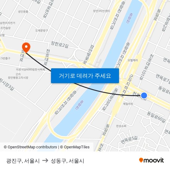 광진구, 서울시 to 성동구, 서울시 map