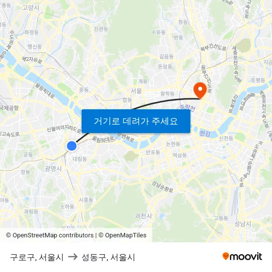 구로구, 서울시 to 성동구, 서울시 map