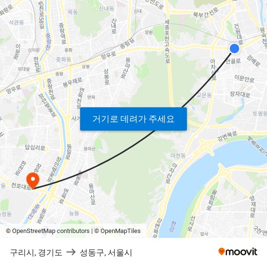 구리시, 경기도 to 성동구, 서울시 map