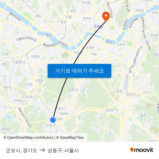 군포시, 경기도 to 성동구, 서울시 map
