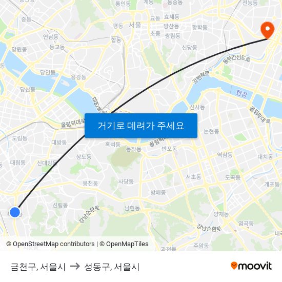 금천구, 서울시 to 성동구, 서울시 map