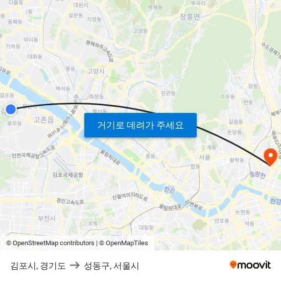 김포시, 경기도 to 성동구, 서울시 map