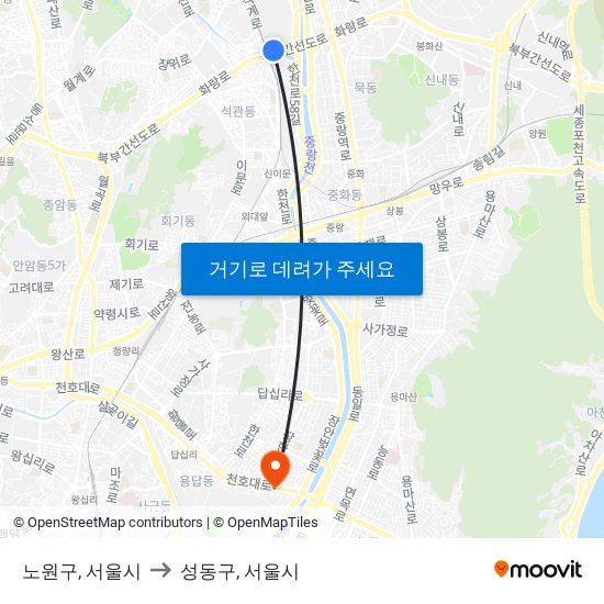 노원구, 서울시 to 성동구, 서울시 map
