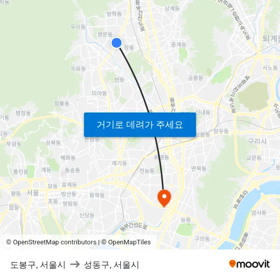도봉구, 서울시 to 성동구, 서울시 map