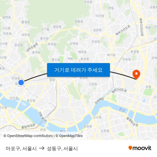 마포구, 서울시 to 성동구, 서울시 map