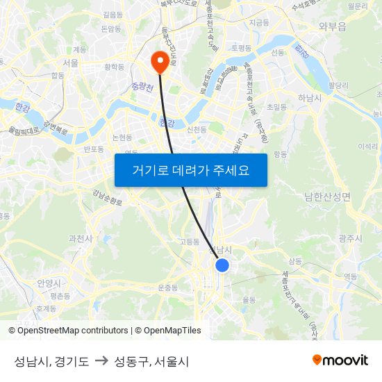 성남시, 경기도 to 성동구, 서울시 map
