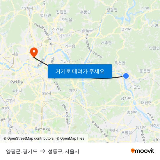 양평군, 경기도 to 성동구, 서울시 map