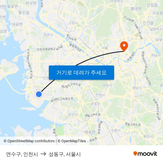 연수구, 인천시 to 성동구, 서울시 map