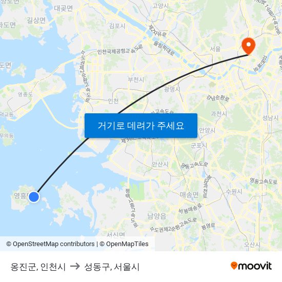 옹진군, 인천시 to 성동구, 서울시 map