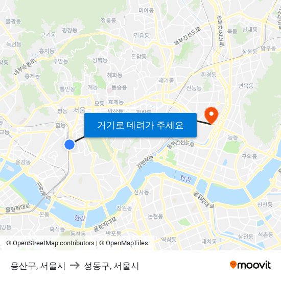 용산구, 서울시 to 성동구, 서울시 map