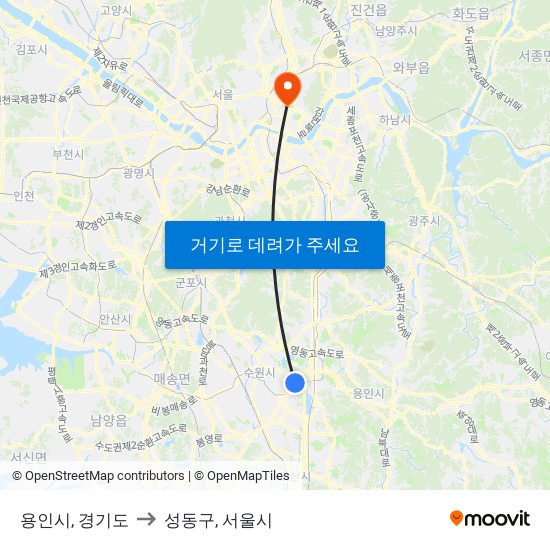 용인시, 경기도 to 성동구, 서울시 map