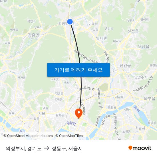 의정부시, 경기도 to 성동구, 서울시 map