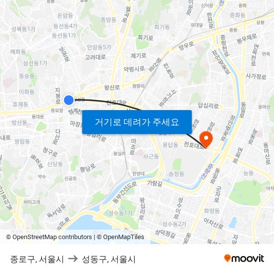 종로구, 서울시 to 성동구, 서울시 map