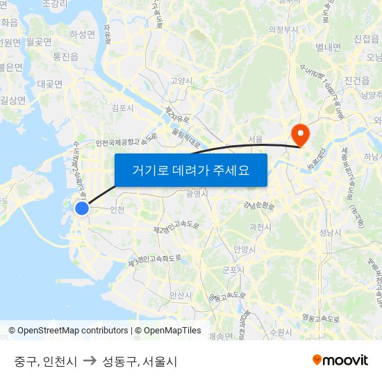 중구, 인천시 to 성동구, 서울시 map