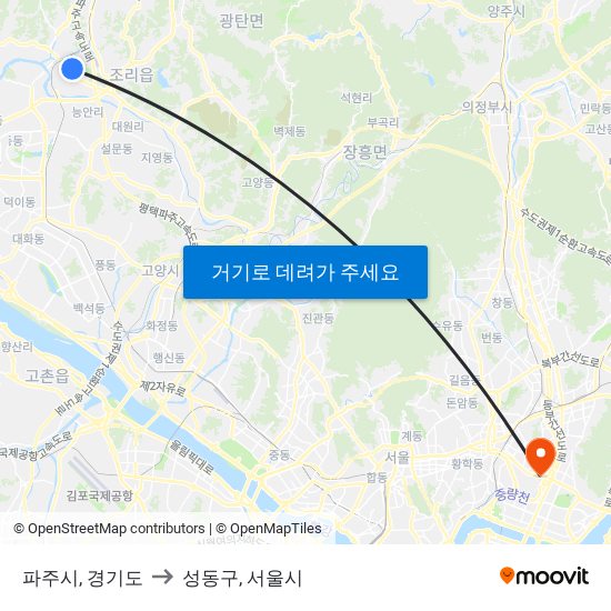 파주시, 경기도 to 성동구, 서울시 map
