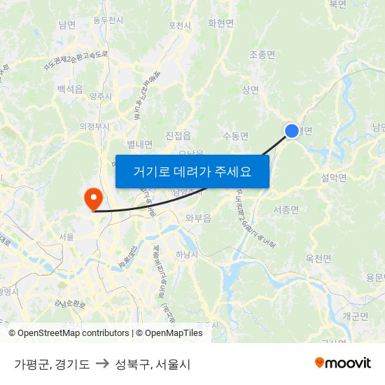 가평군, 경기도 to 성북구, 서울시 map