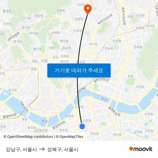 강남구, 서울시 to 성북구, 서울시 map