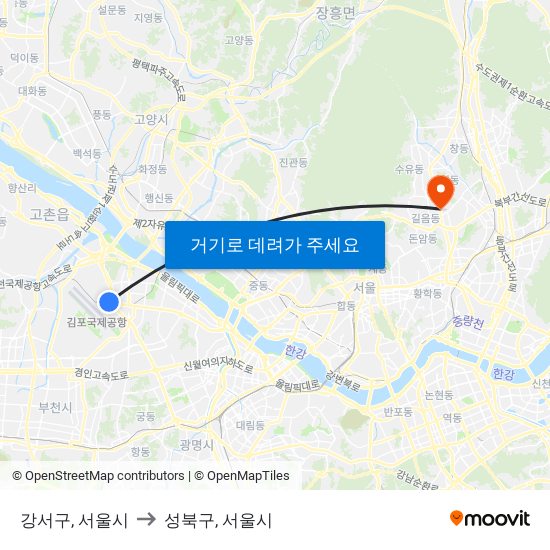 강서구, 서울시 to 성북구, 서울시 map