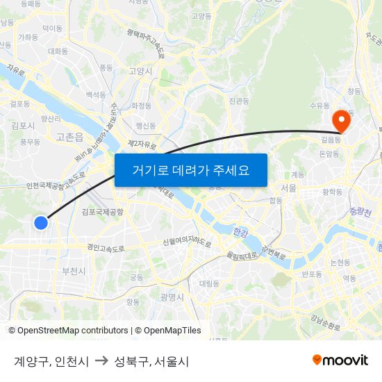 계양구, 인천시 to 성북구, 서울시 map