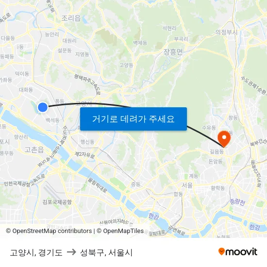 고양시, 경기도 to 성북구, 서울시 map