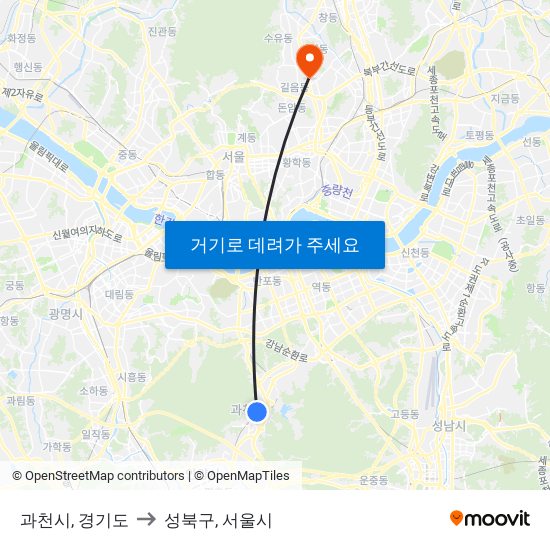 과천시, 경기도 to 성북구, 서울시 map