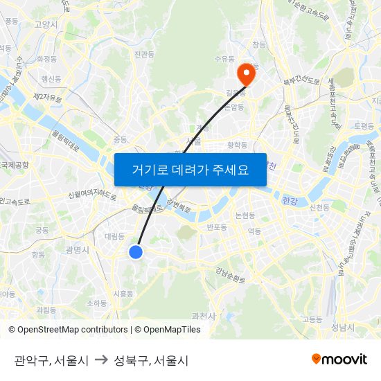 관악구, 서울시 to 성북구, 서울시 map