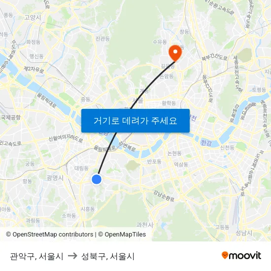 관악구, 서울시 to 성북구, 서울시 map