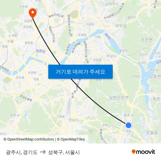 광주시, 경기도 to 성북구, 서울시 map