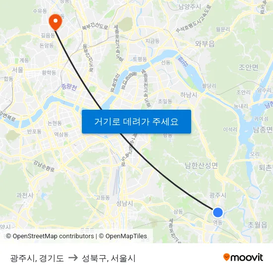 광주시, 경기도 to 성북구, 서울시 map