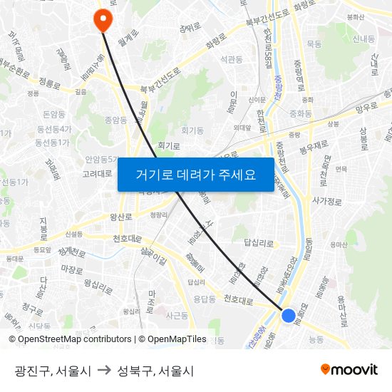 광진구, 서울시 to 성북구, 서울시 map