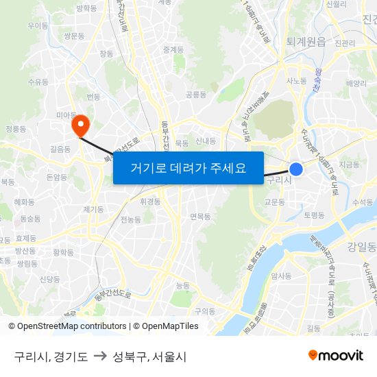 구리시, 경기도 to 성북구, 서울시 map