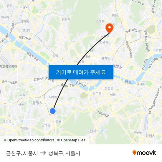 금천구, 서울시 to 성북구, 서울시 map