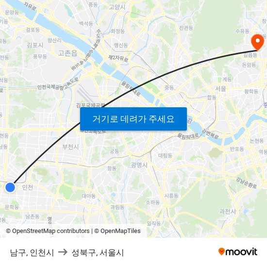 남구, 인천시 to 성북구, 서울시 map