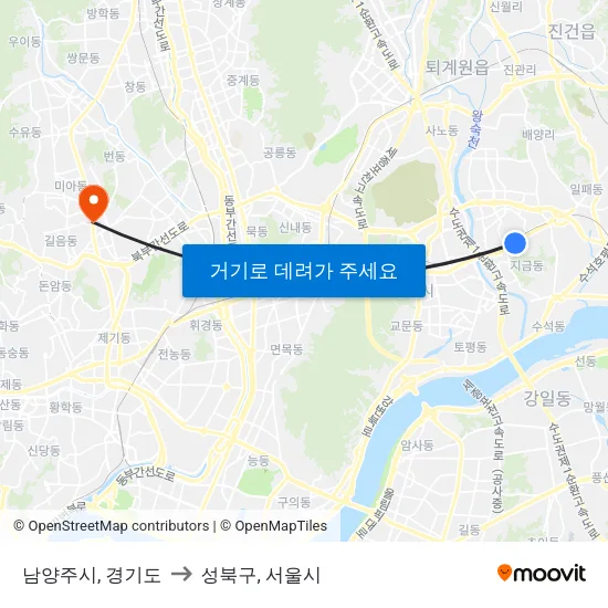 남양주시, 경기도 to 성북구, 서울시 map